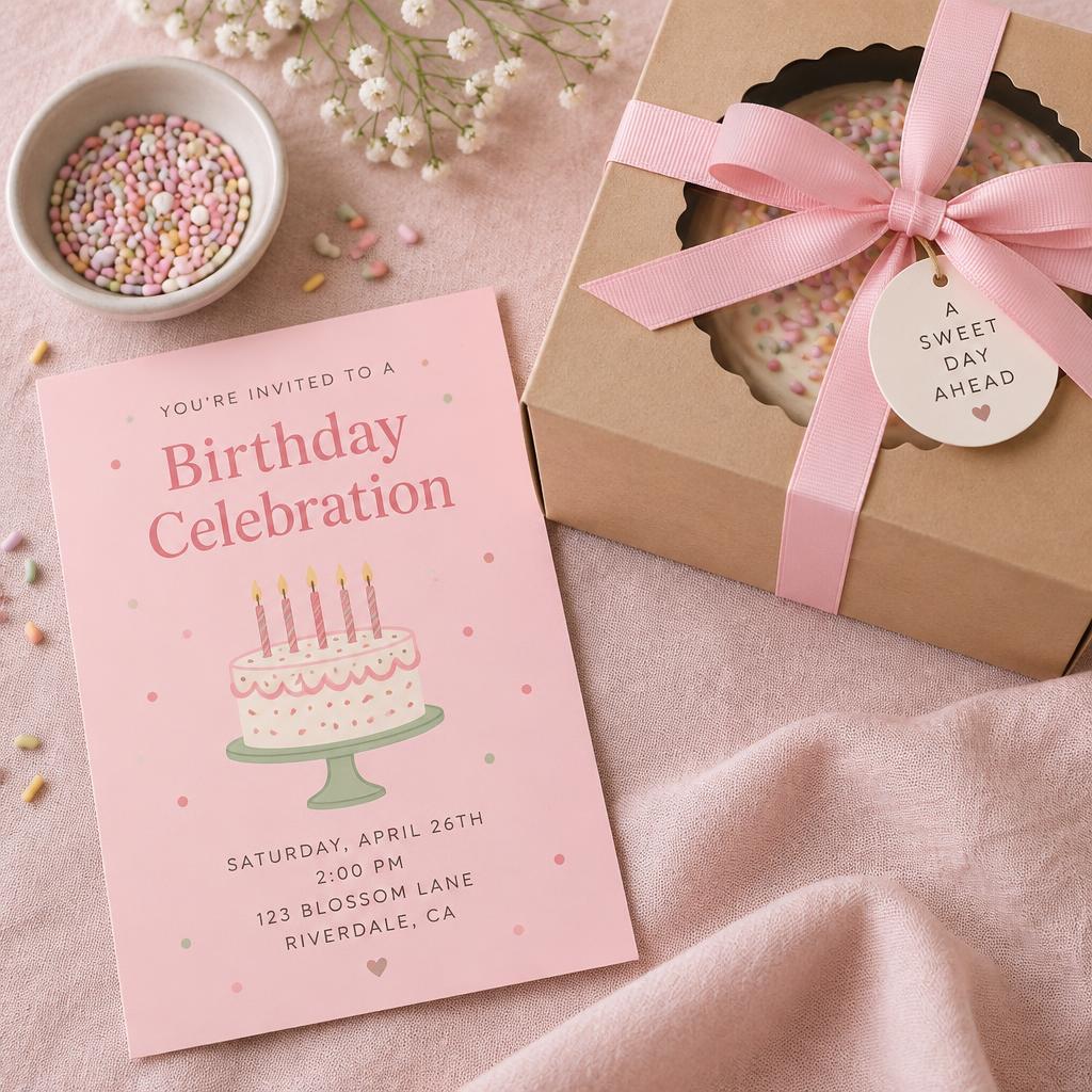 Pink birthday invitation with a ribbon-tied cake box and sprinkles